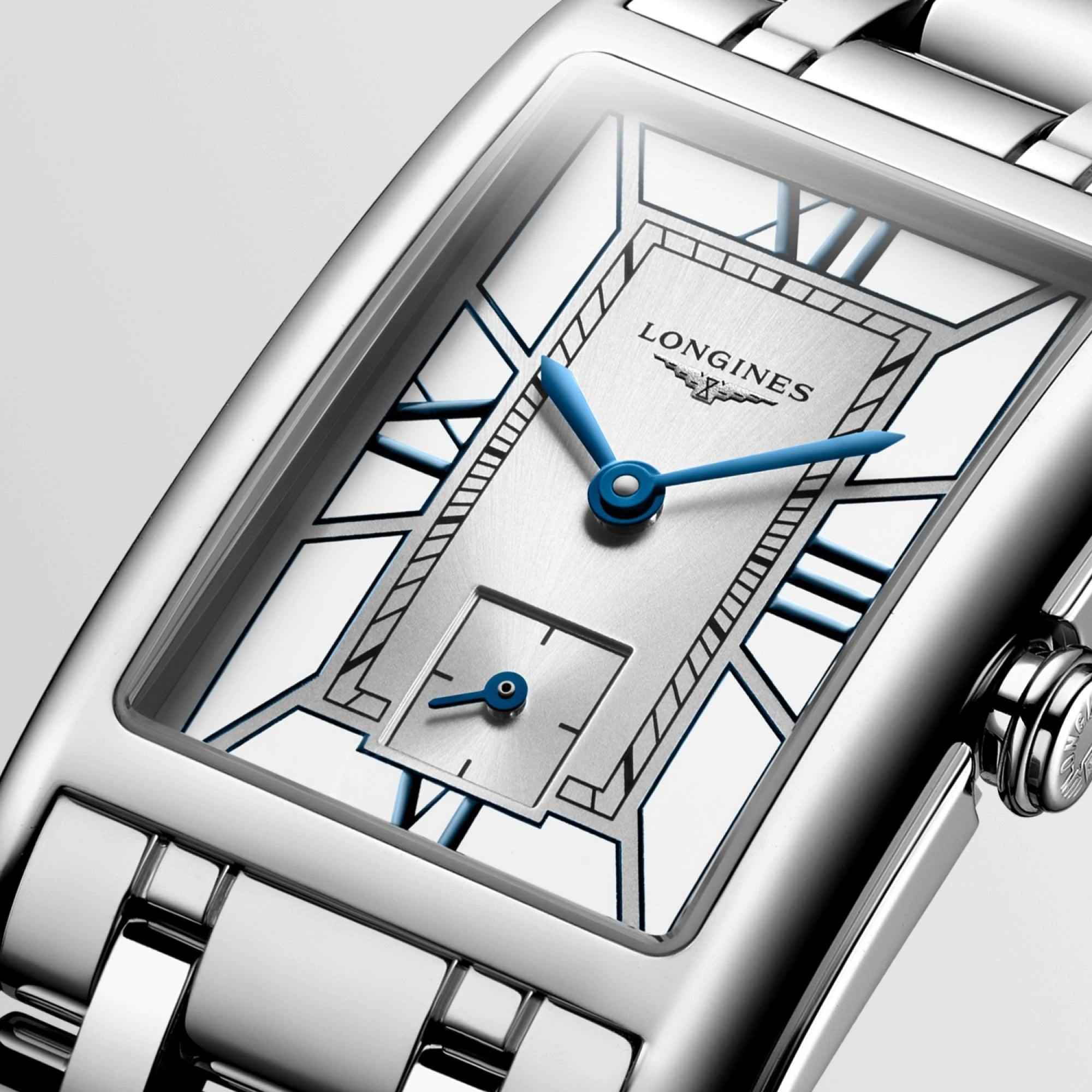 Orologio da polso con quadrante bianco, lancette blu e dettagli geometrici
