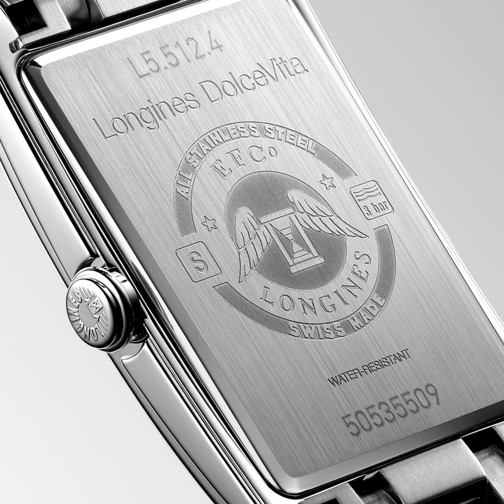 Orologio Longines DolceVita, quadrante bianco, cassa in acciaio con incisione