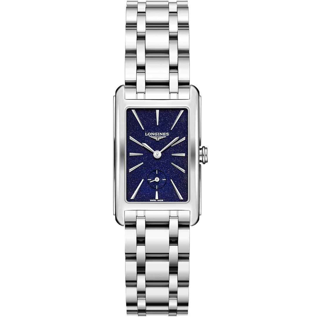 Orologio da polso Longines con cassa rettangolare blu e cinturino in acciaio