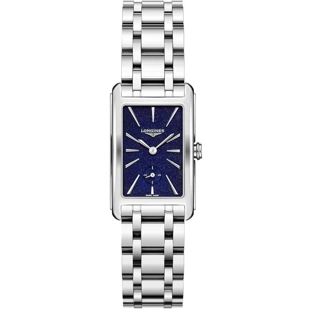Orologio da polso Longines con cassa rettangolare blu e cinturino in acciaio