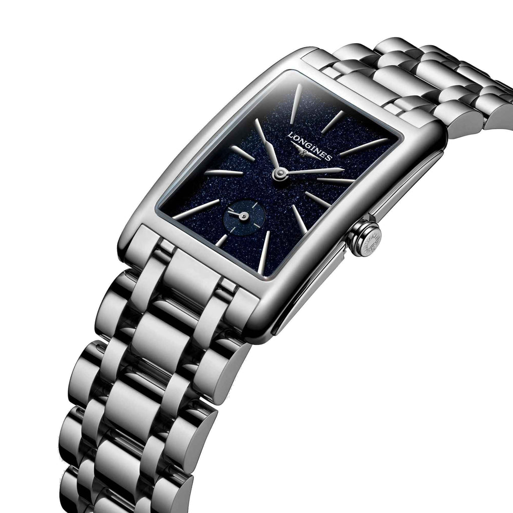 Orologio Longines con quadrante blu stellato, cassa rettangolare e bracciale in acciaio
