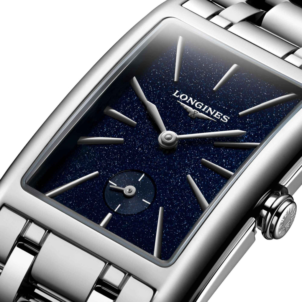 Orologio Longines, quadrante blu con indici a bastoncino e lancette su cassa rettangolare