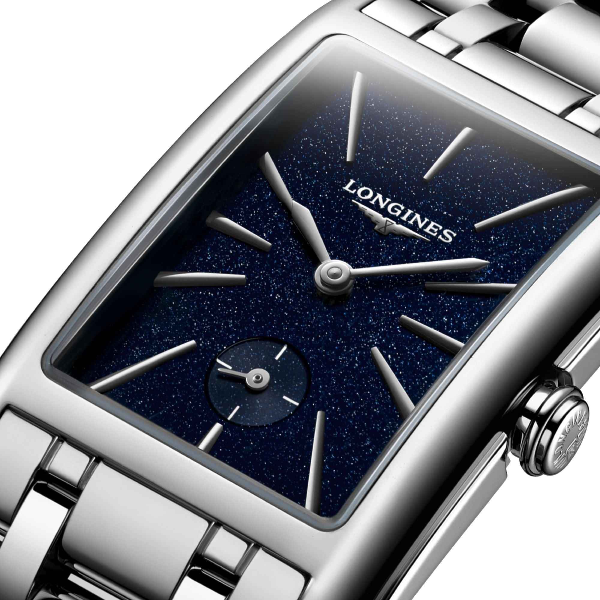 Orologio Longines, quadrante blu con indici a bastoncino e lancette su cassa rettangolare