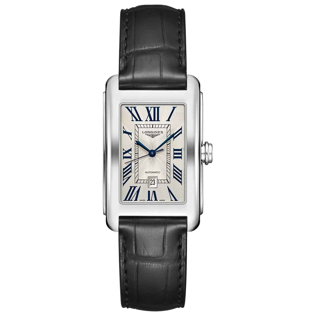 Orologio Longines DolceVita con cinturino nero in pelle e quadrante argento blu