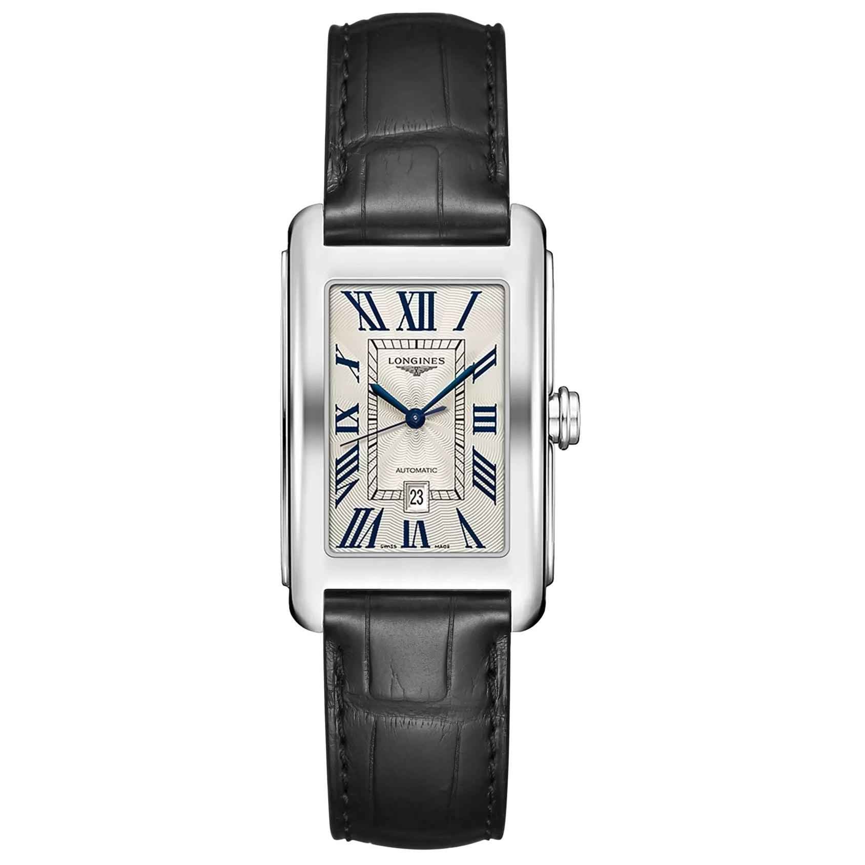Orologio Longines DolceVita con cinturino nero in pelle e quadrante argento blu