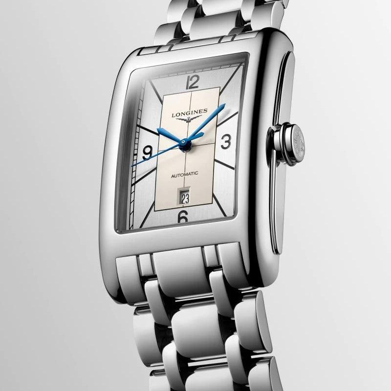 Orologio Longines DolceVita argento con cassa rettangolare e quadrante blu