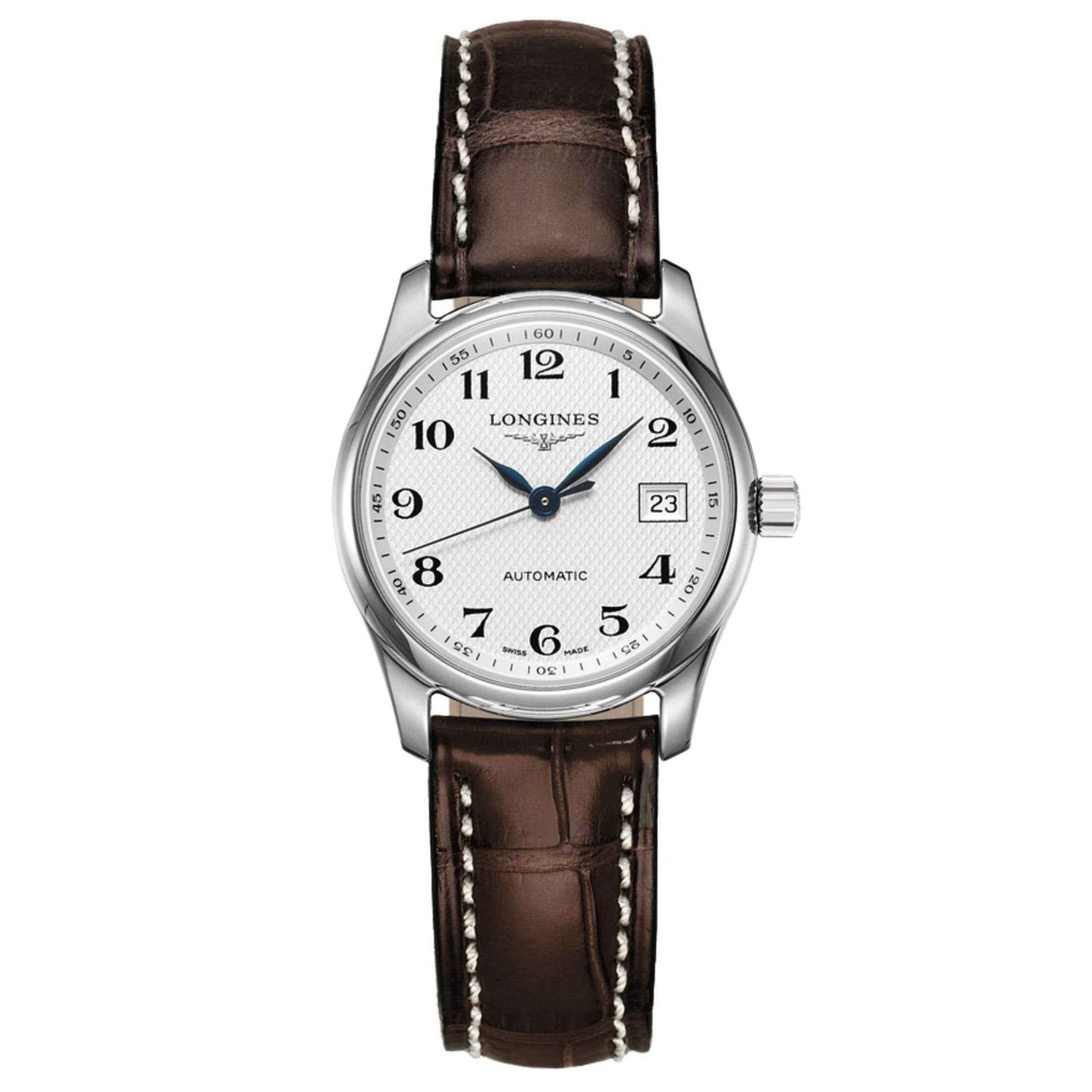 Orologio donna Longines automatico acciaio 29mm, quadrante bianco e cinturino marrone