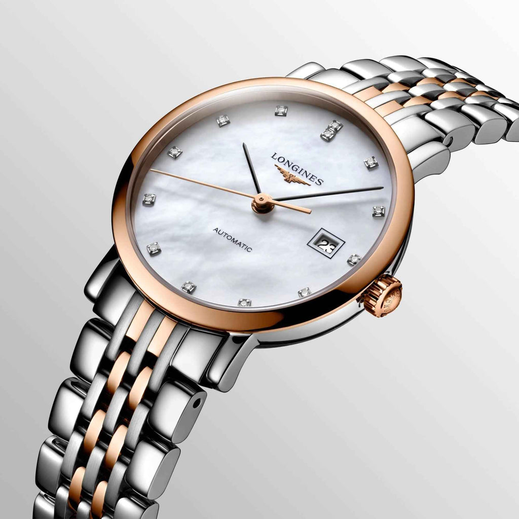 Orologio Longines con cassa in oro rosa e quadrante madreperla, lancette e datario