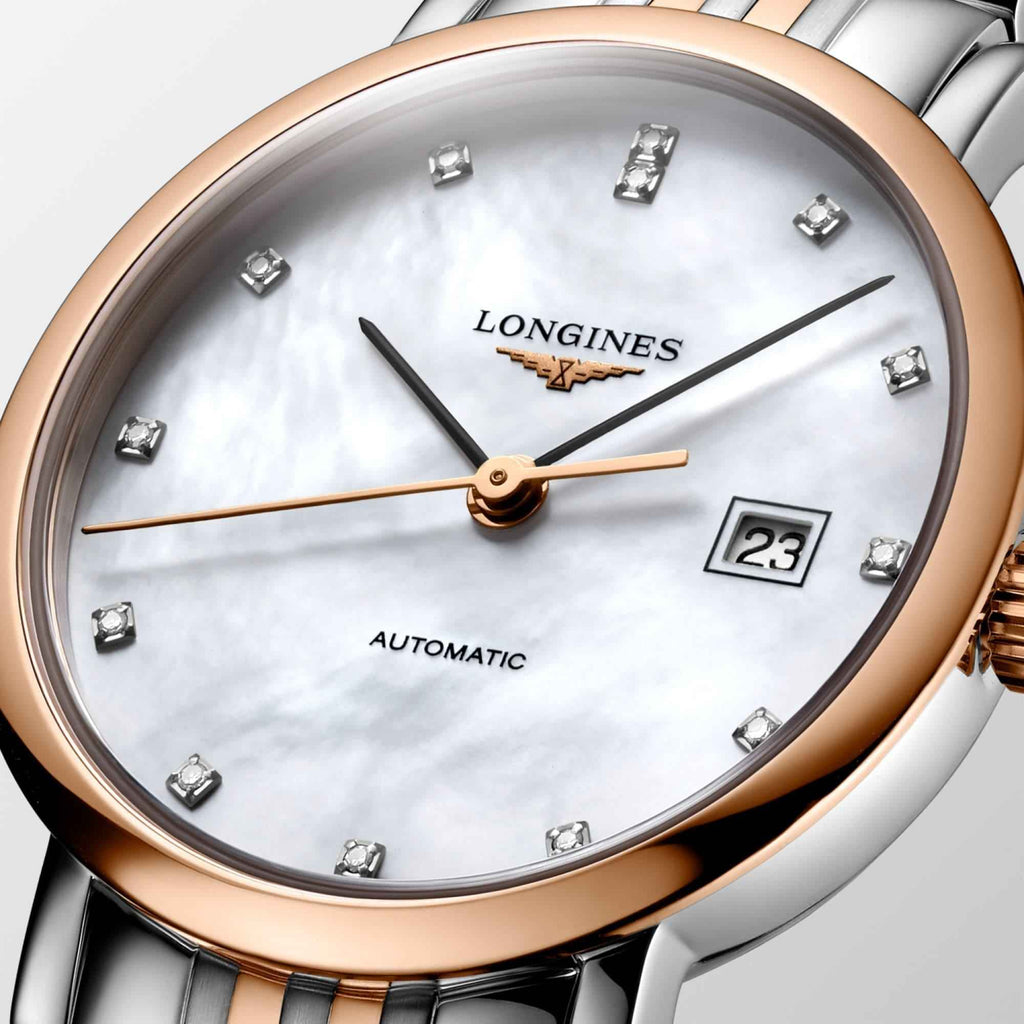 Quadrante madreperla Longines con datario e indici, lancette nere e cassa oro rosa