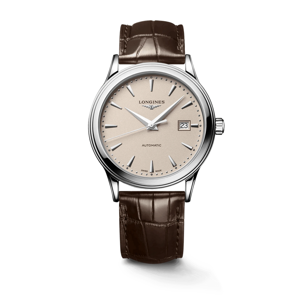 Orologio Longines automatico con quadrante beige, cassa d’acciaio e cinturino in pelle marrone