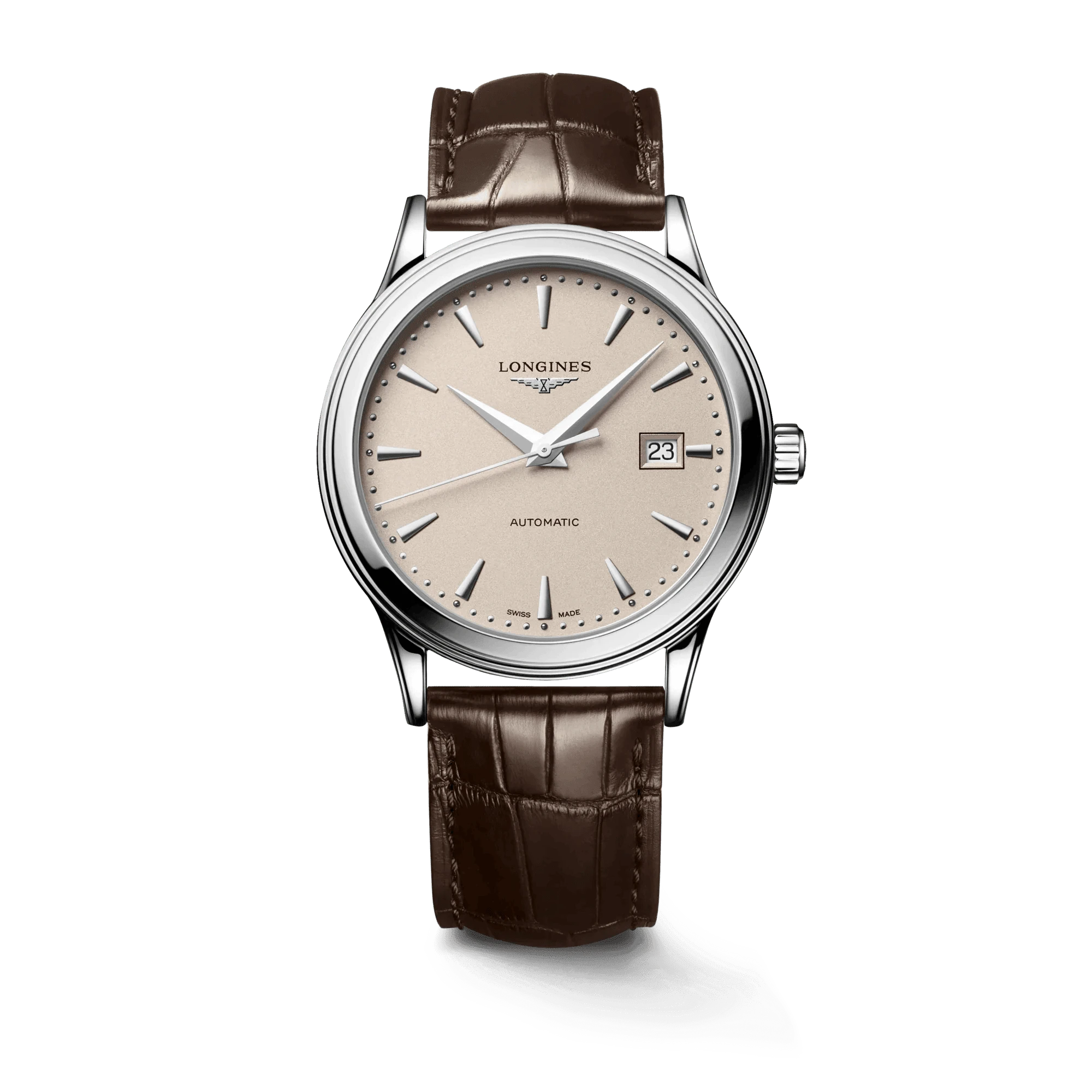 Orologio Longines automatico con quadrante beige, cassa d’acciaio e cinturino in pelle marrone