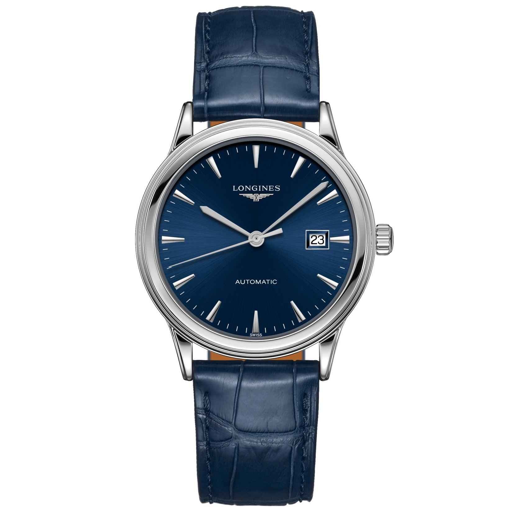 Orologio da polso Longines con quadrante blu, cinturino in pelle blu e datario 23