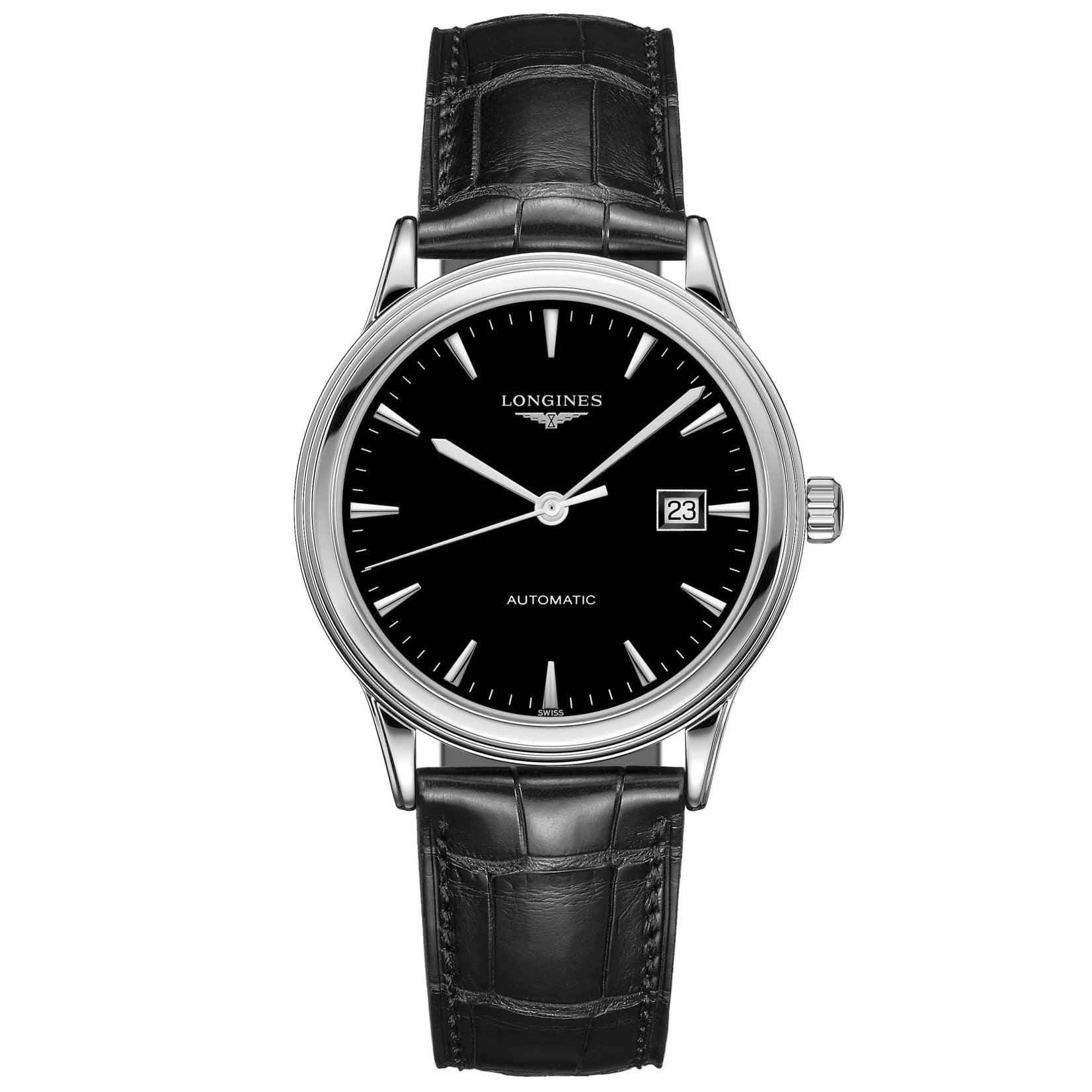 Orologio Longines Flagship 40mm automatico nero, cassa acciaio e cinturino pelle nero