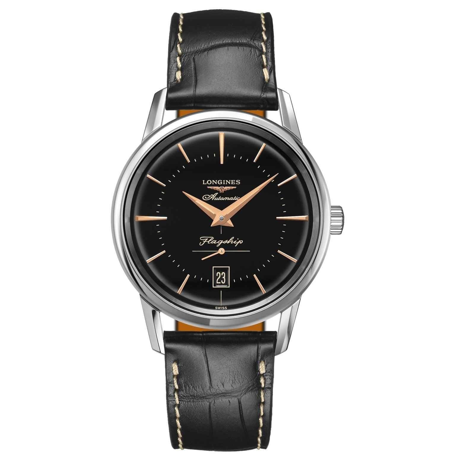 Orologio Longines Flagship Heritage automatico, quadrante nero e cinturino pelle nera