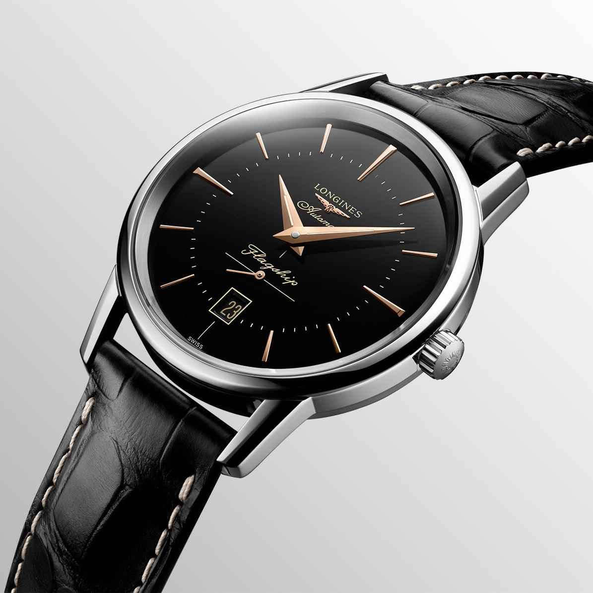 Orologio Longines Flagship Heritage con cassa in acciaio, quadrante nero e cinturino pelle nera
