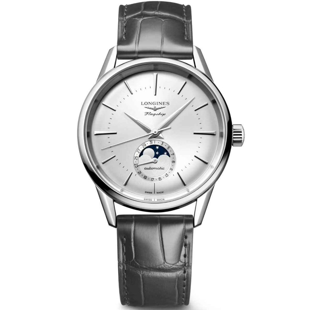 Orologio Longines Flagship con quadrante argento e cinturino in pelle nera, moonphase