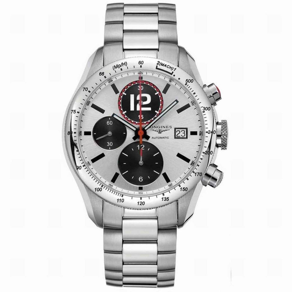 Orologio cronografo in acciaio con quadrante argento, subdial neri e datario