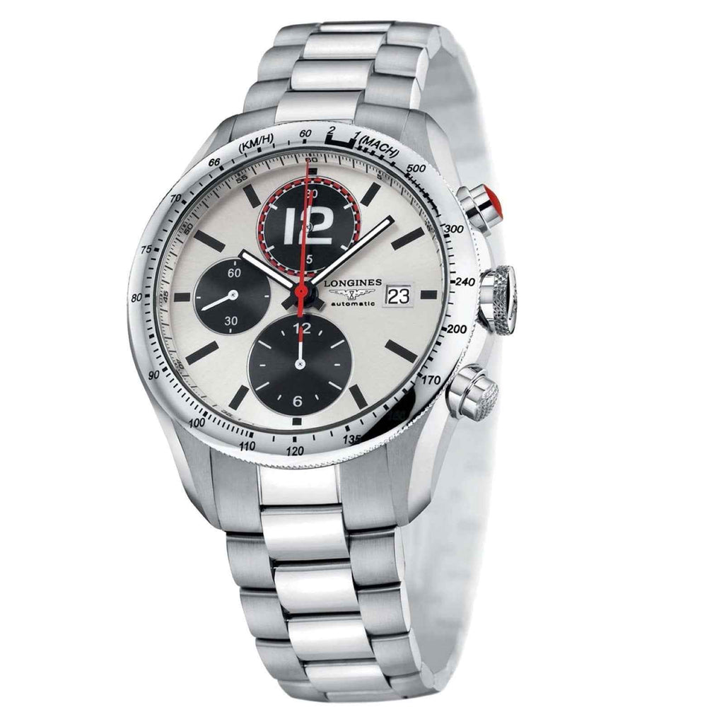 Orologio cronografo acciaio con quadrante argento, subdial neri, pulsanti laterali