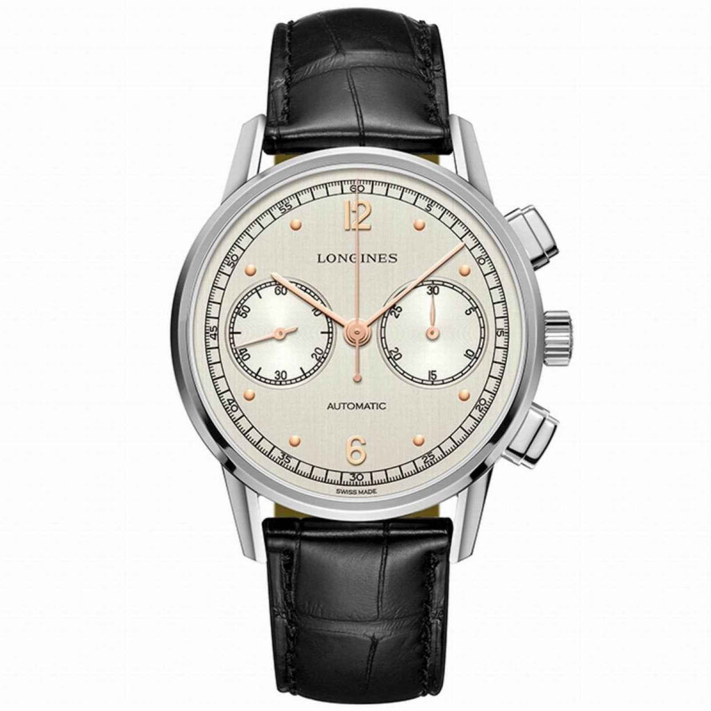 Orologio cronografo automatico: quadrante crema, cinturino pelle nera, cassa argento
