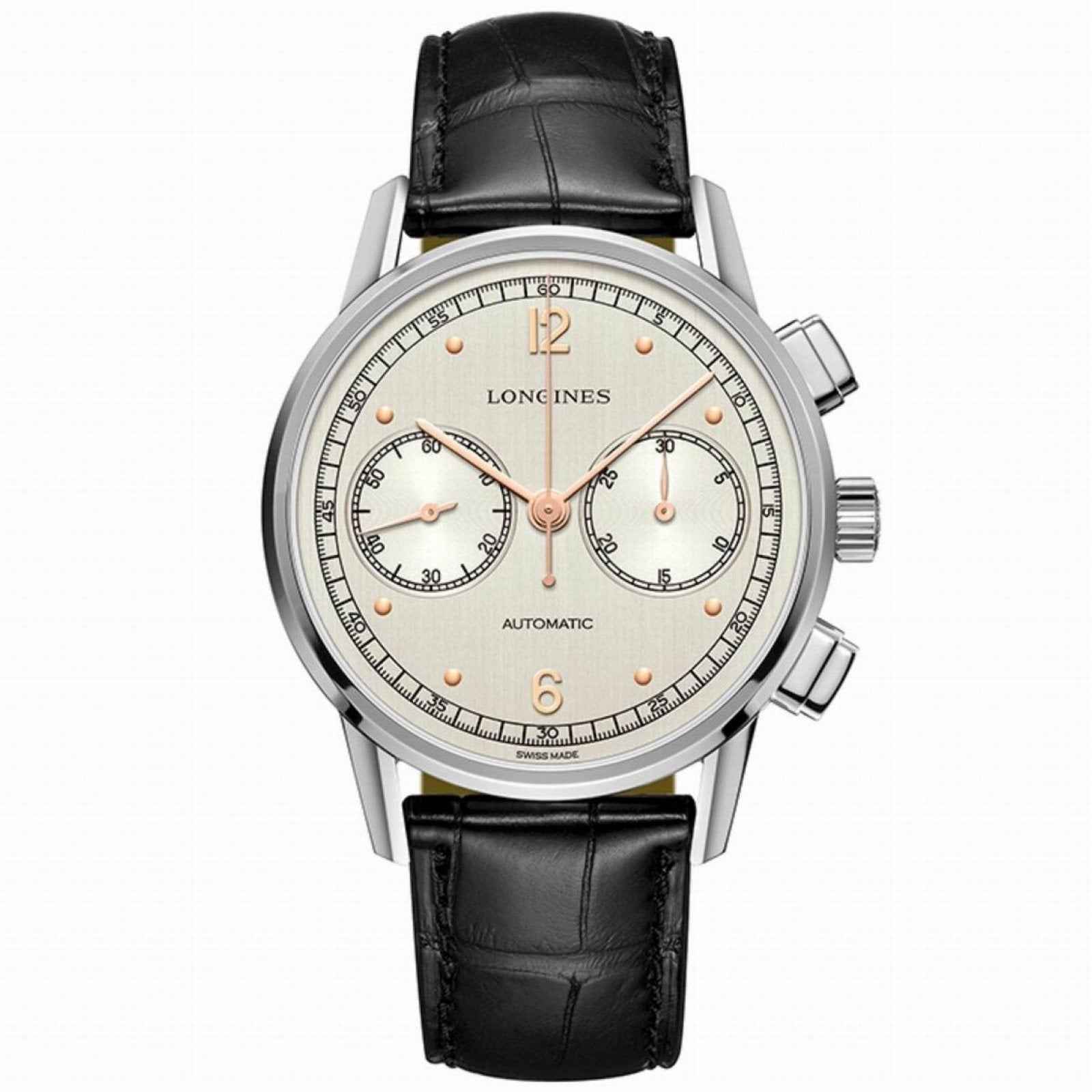 Orologio cronografo automatico: quadrante crema, cinturino pelle nera, cassa argento