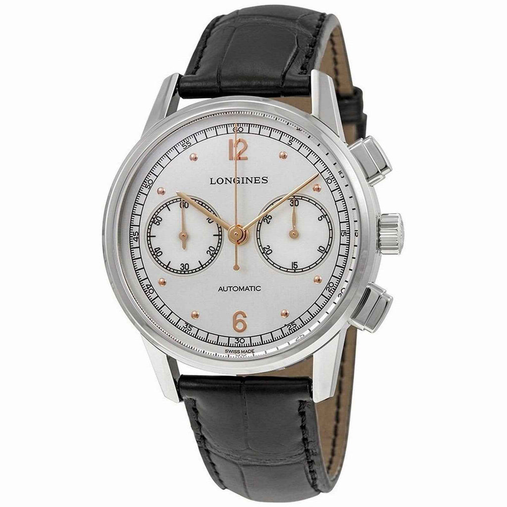 Orologio cronografo automatico con pulsanti laterali, quadrante crema e cinturino nero, cassa argento