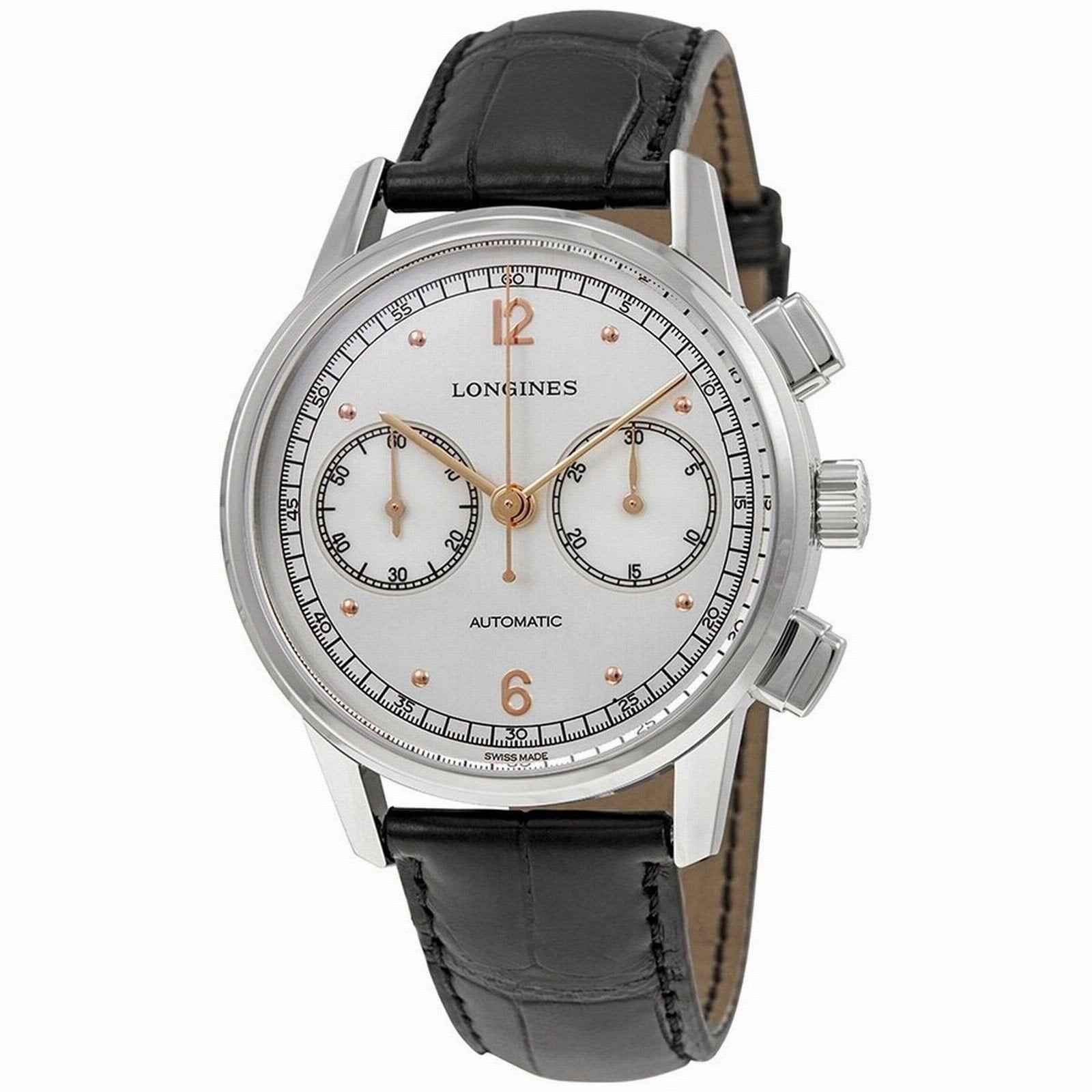 Orologio cronografo automatico con pulsanti laterali, quadrante crema e cinturino nero, cassa argento
