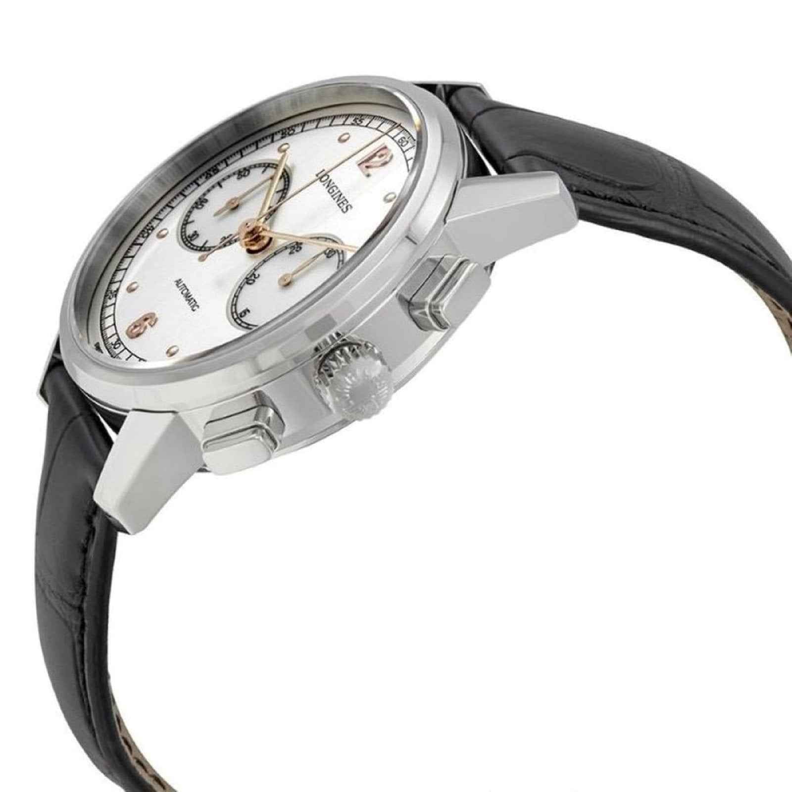 Orologio cronografo automatico con cassa argento e cinturino pelle nera, laterale con pulsanti