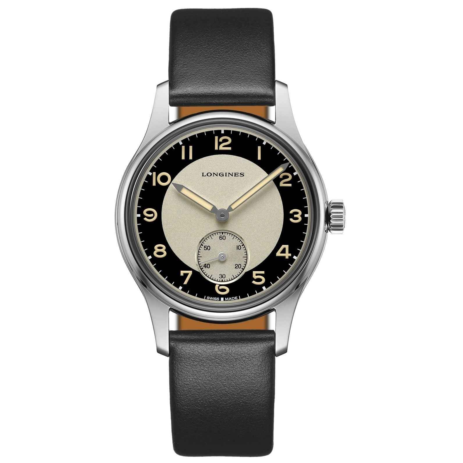 Orologio Longines con quadrante nero e pelle nera, cassa in acciaio