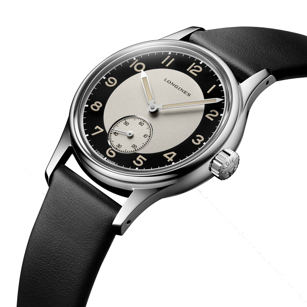 Orologio Longines con quadrante bianco/nero, fondello in rilievo e cinturino nero