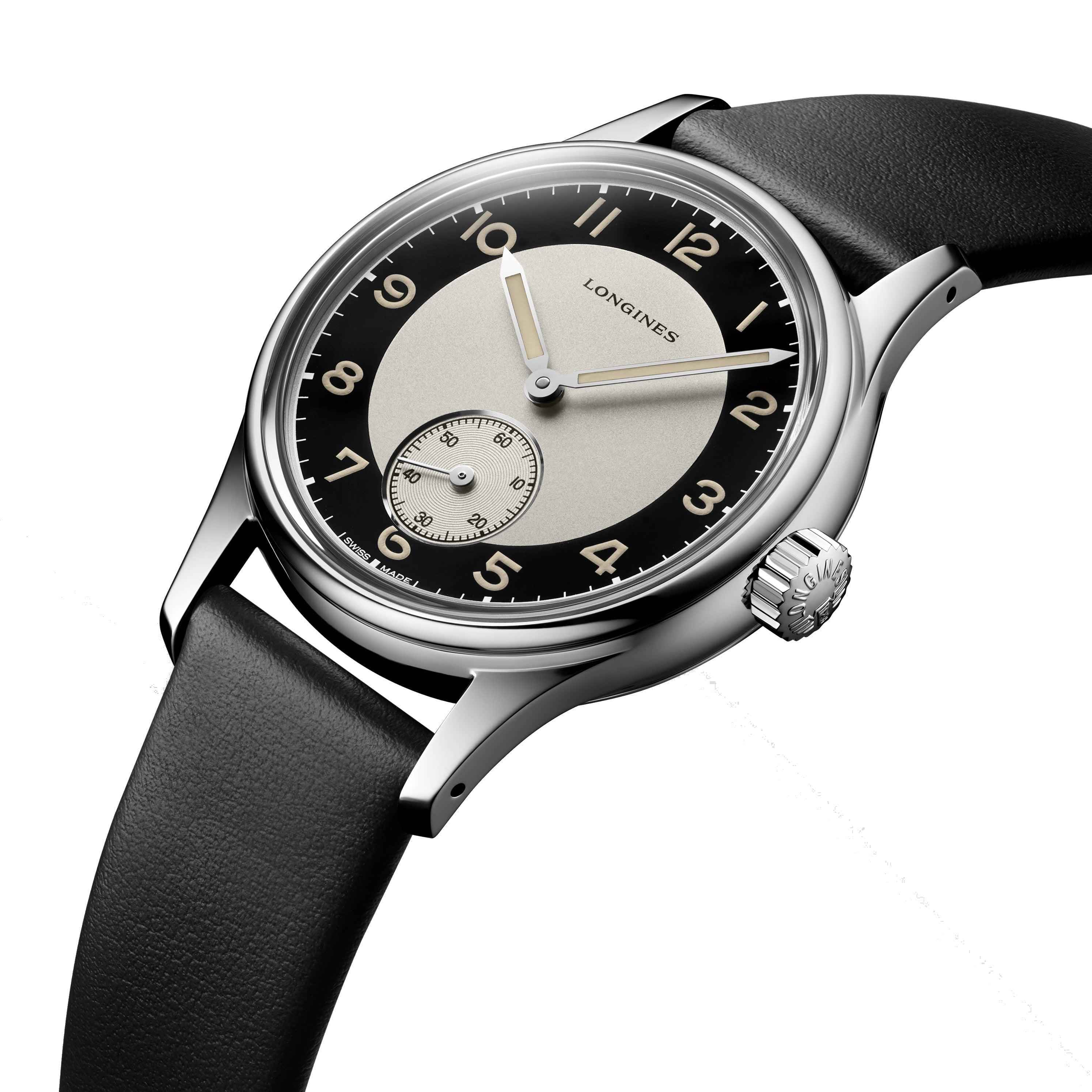 Orologio Longines con quadrante bianco/nero, fondello in rilievo e cinturino nero