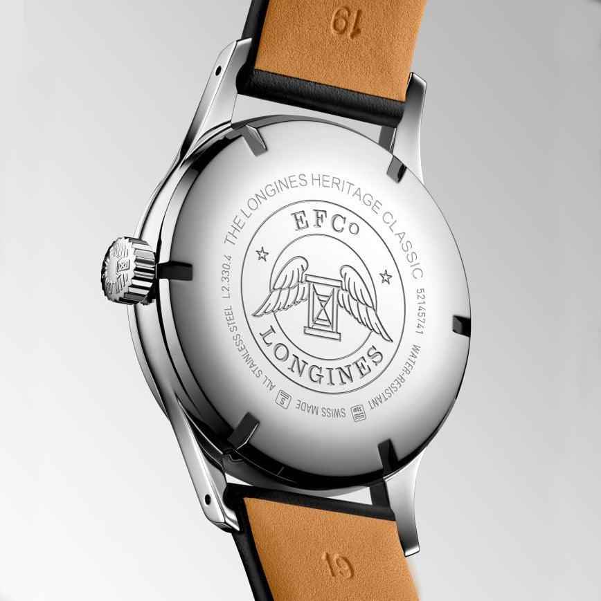 Orologio Longines con fondello inciso e cinturino marrone, cassa in acciaio