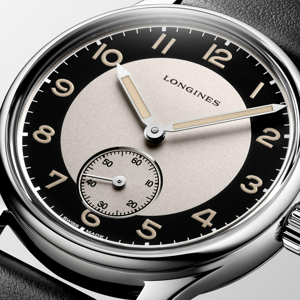Orologio automatico Longines, quadrante nero con subdial, cassa acciaio e cinturino nero
