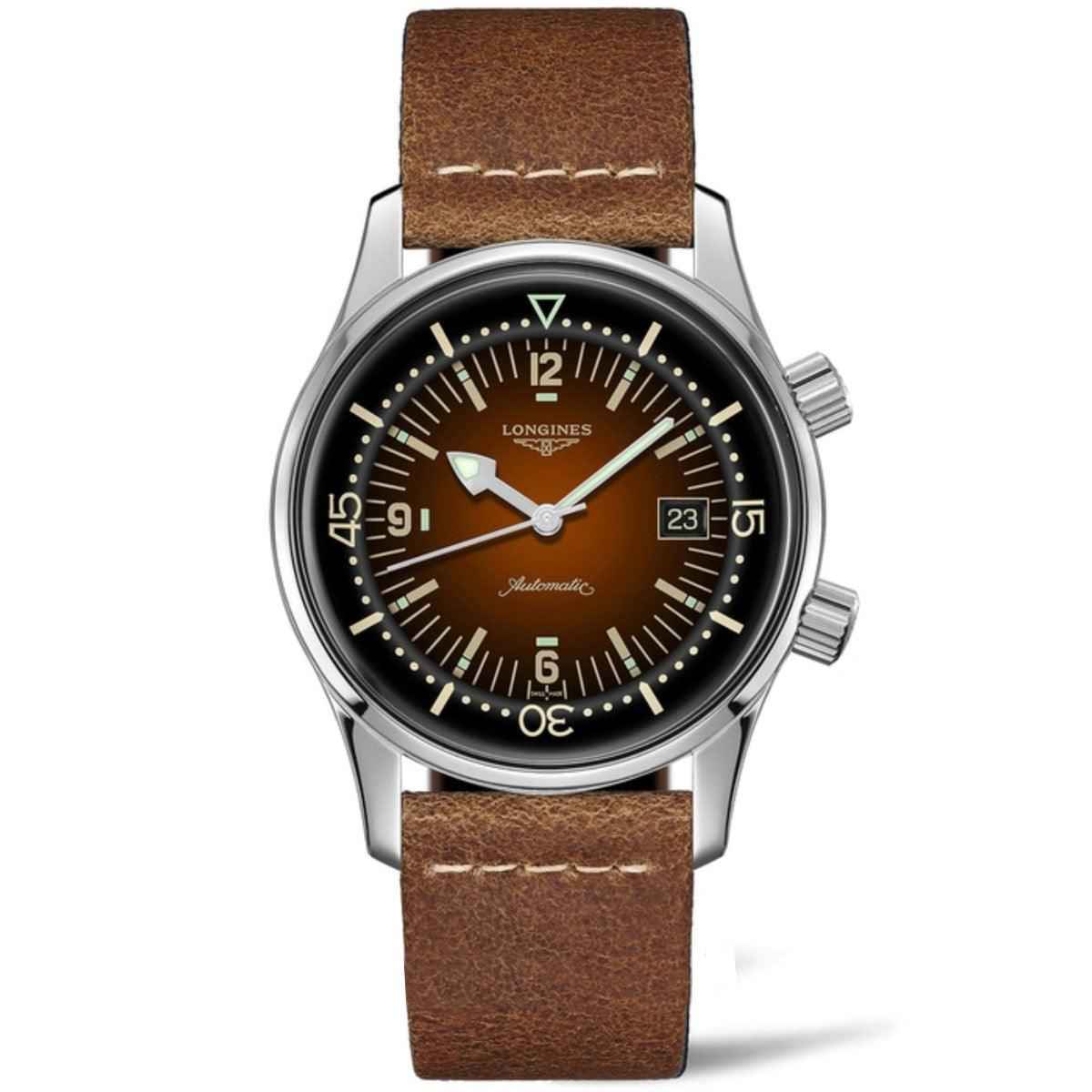 Orologio Longines con cinturino in pelle marrone, cassa d’acciaio e quadrante nero