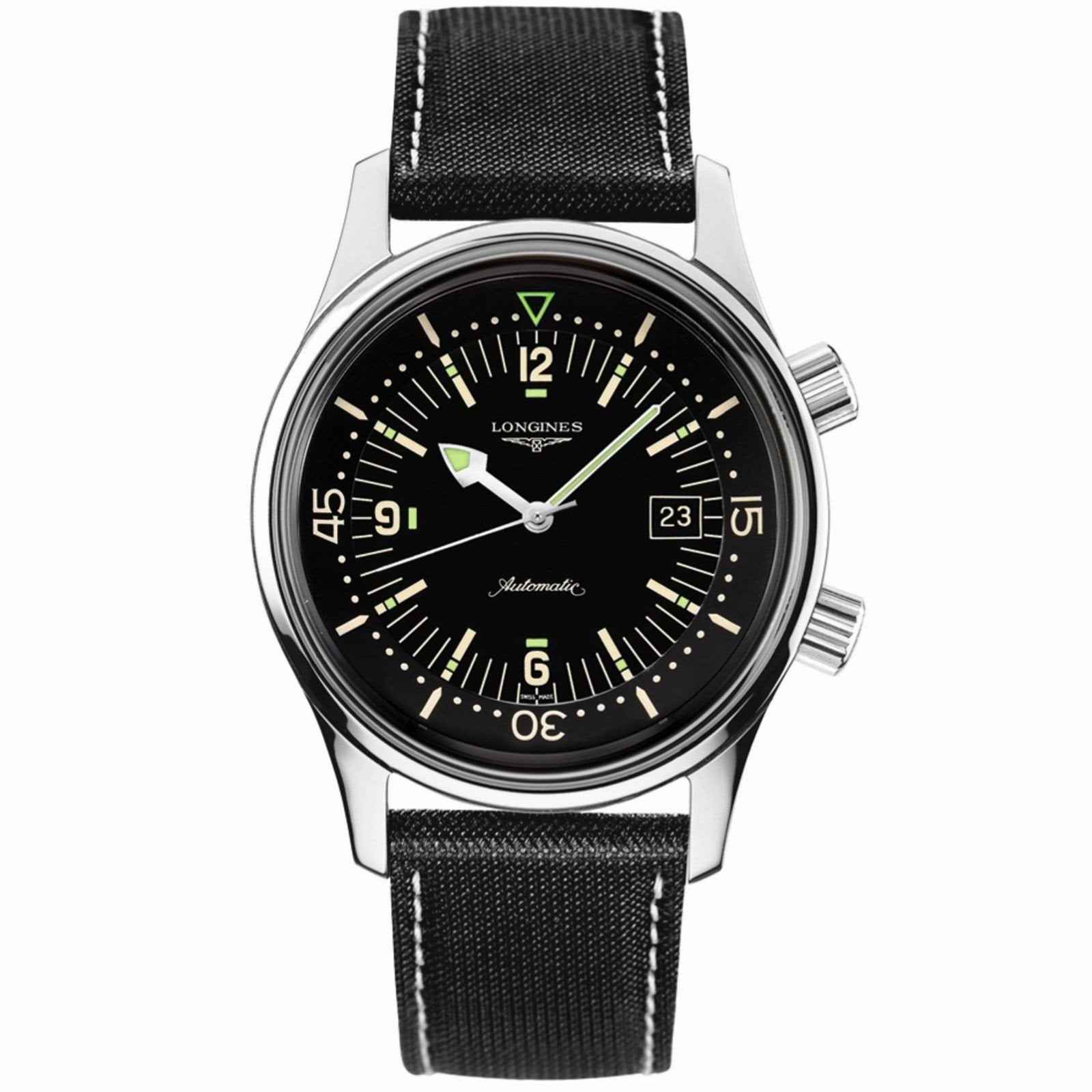 Orologio Longines Legend Diver: quadrante nero, cassa acciaio, cinturino pelle nera