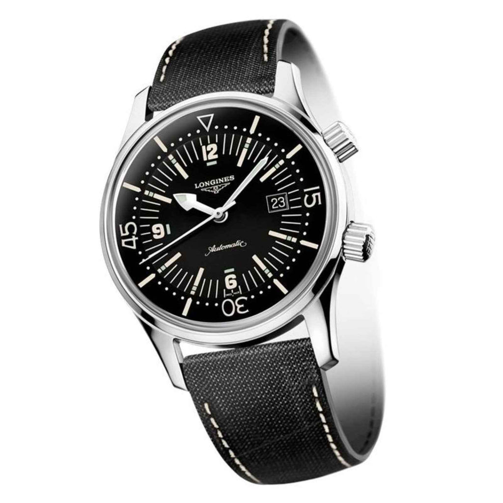 Orologio Longines Legend Diver con data, quadrante nero, cassa acciaio e cinturino pelle nera