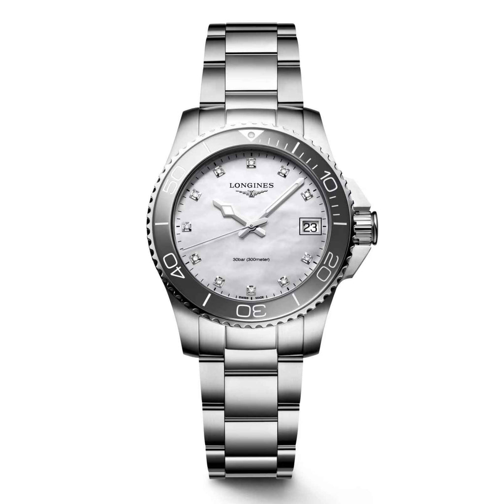 Orologio Longines Hydroconquest in acciaio, quadrante madreperla con indici diamantati