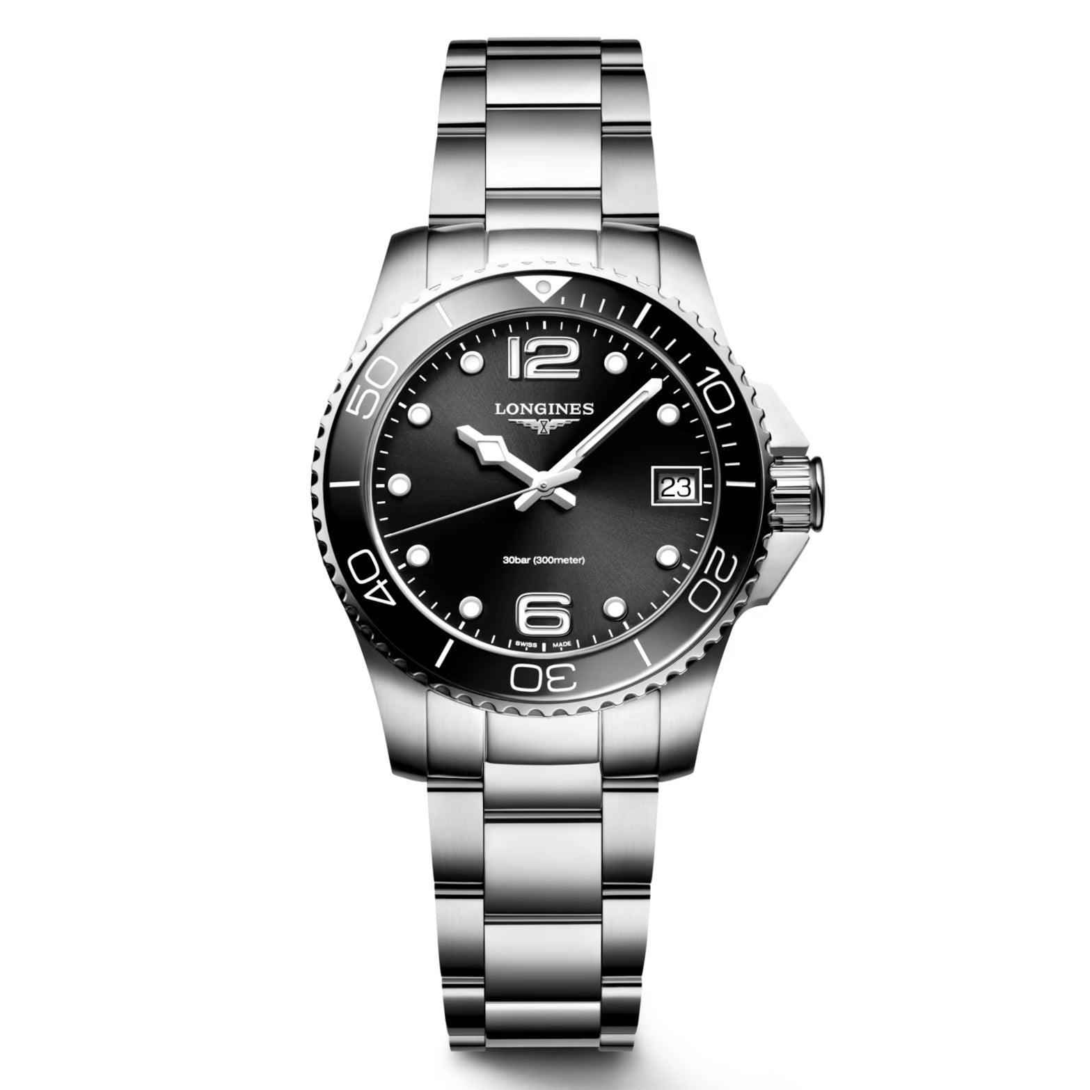 Orologio Hydroconquest Longines nero con cinturino maglie in acciaio