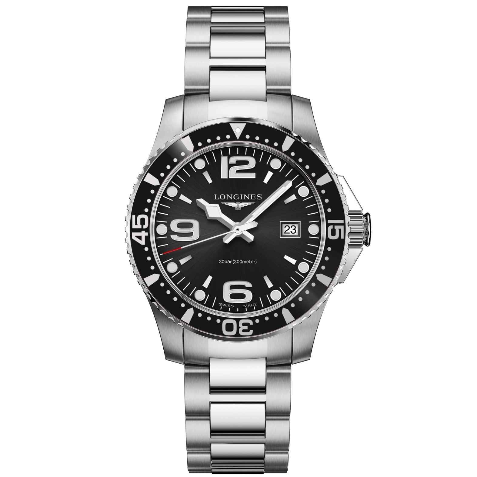 Orologio da polso Longines in acciaio, quadrante nero, ghiera girevole, datario