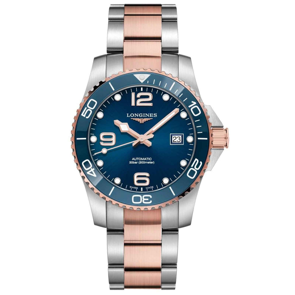 Orologio subacqueo Longines HydroConquest: quadrante blu, automatico, bracciale acciaio+oro rosa