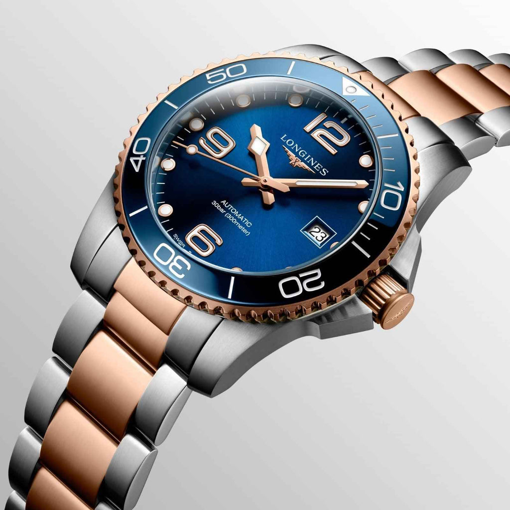 Orologio Longines HydroConquest con ghiera blu, quadrante blu e bracciale bicolore acciaio/oro rosa
