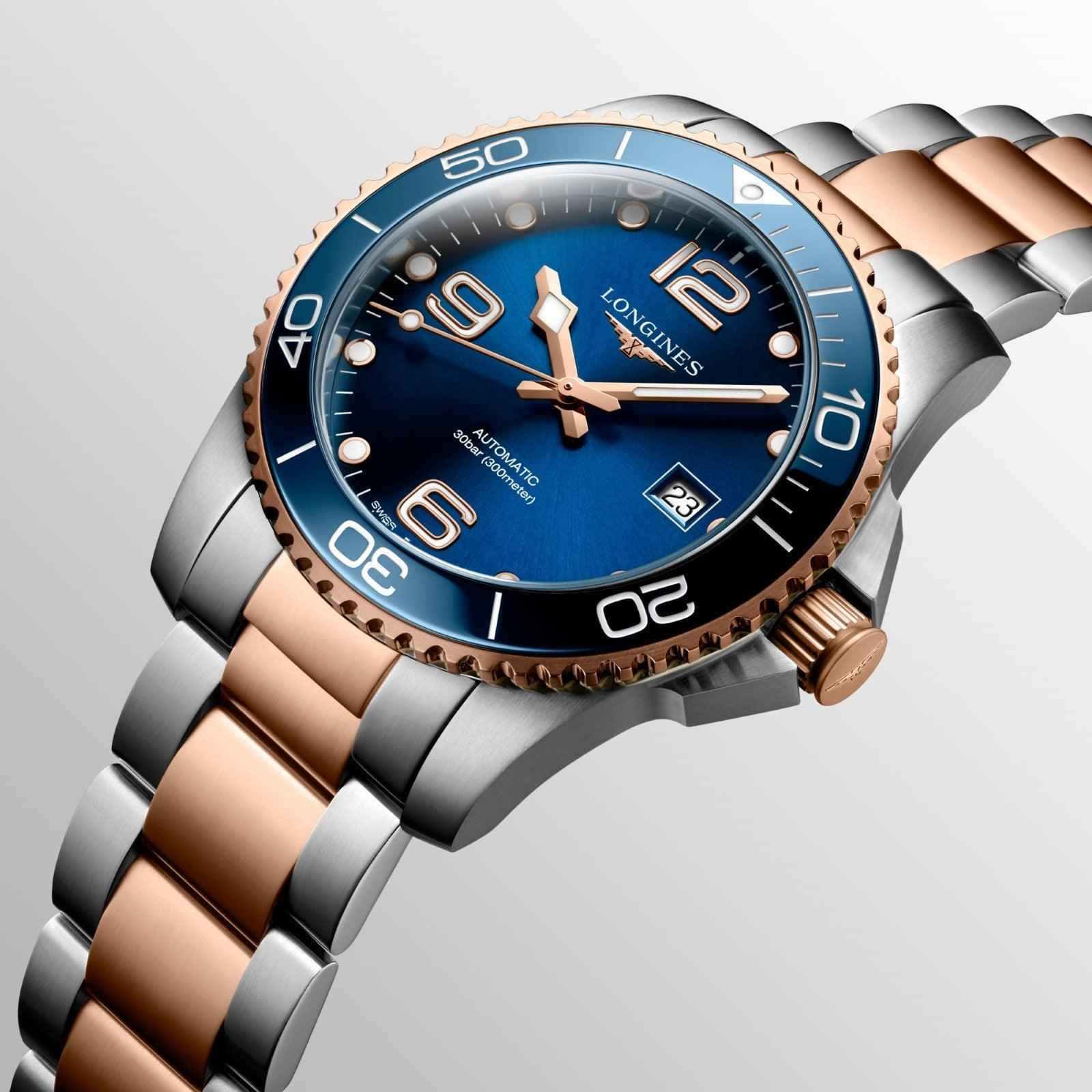 Orologio Longines HydroConquest con ghiera blu, quadrante blu e bracciale bicolore acciaio/oro rosa