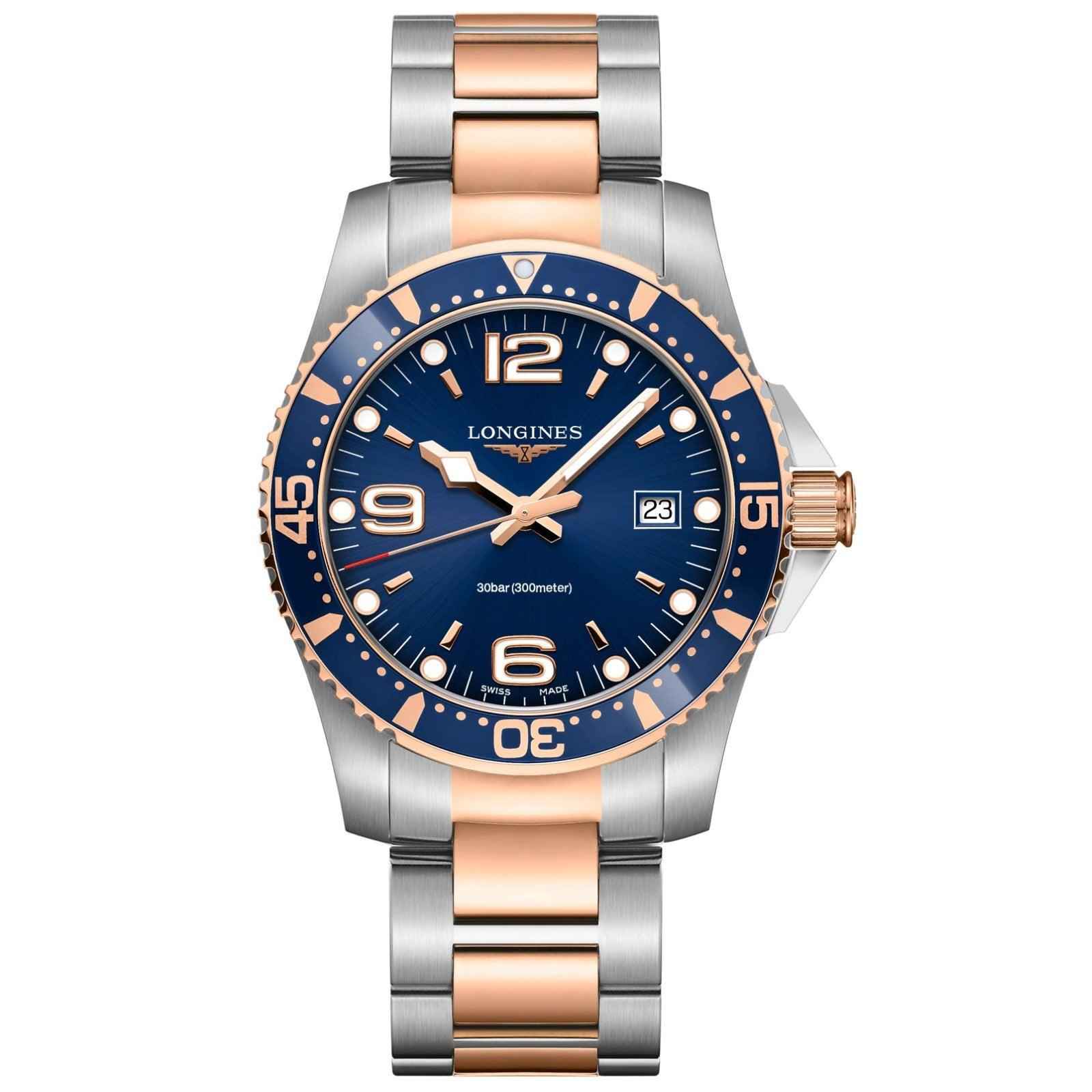 Orologio subacqueo con quadrante blu, bracciale in acciaio e finitura PVD oro rosa