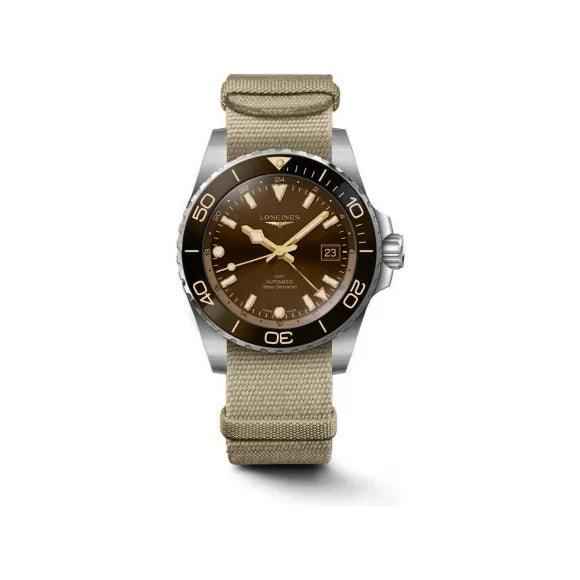 Orologio automatico con lunetta nera e quadrante marrone, cassa acciaio e cinturino tessile beige