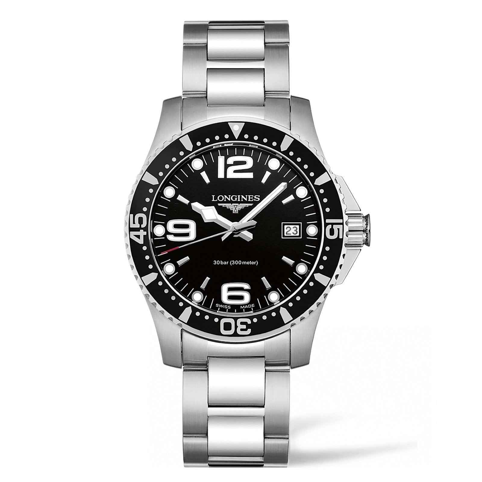 Orologio Longines subacqueo in acciaio, quadrante nero con datario e lunetta