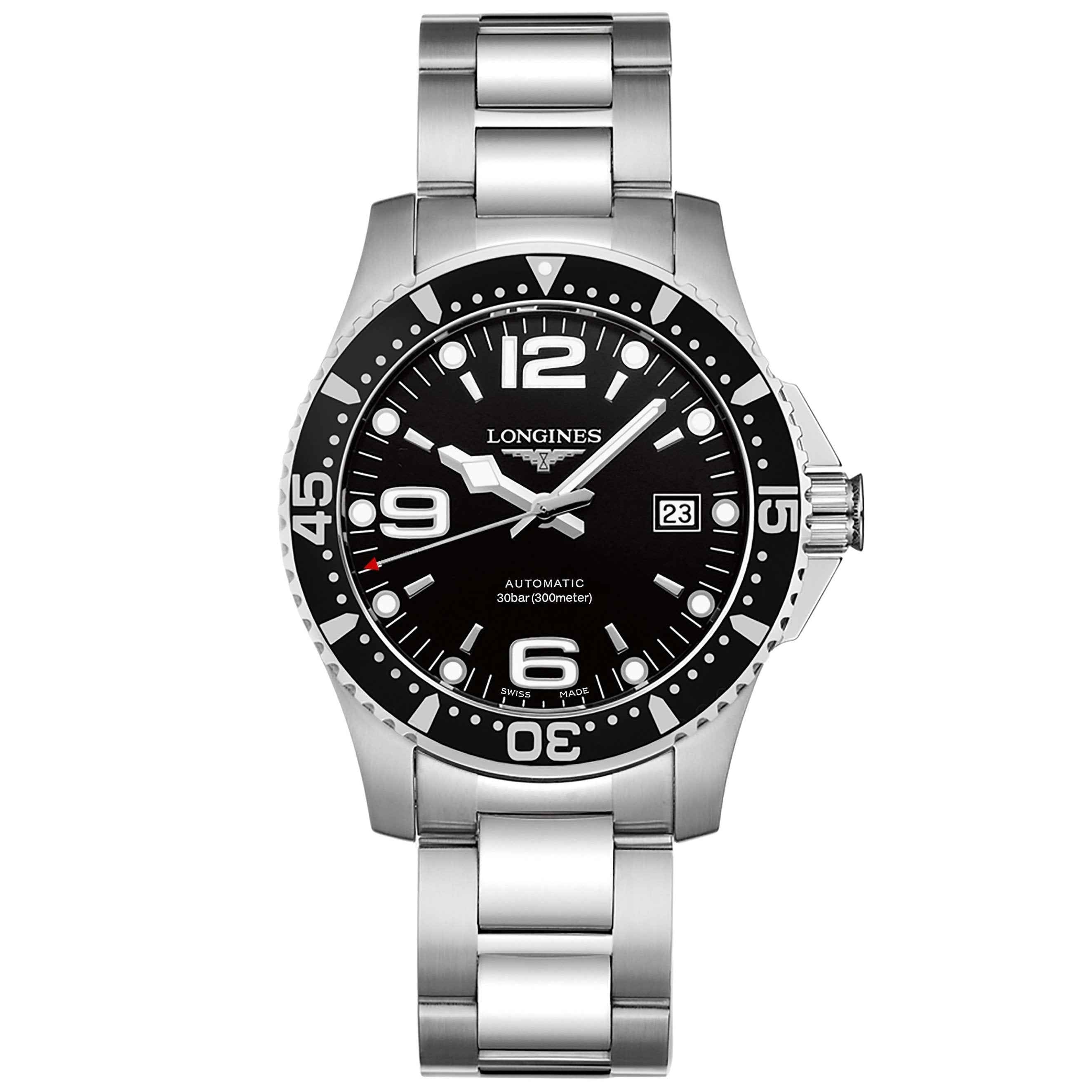 Orologio subacqueo automatico HydroConquest con quadrante nero e cinturino in acciaio