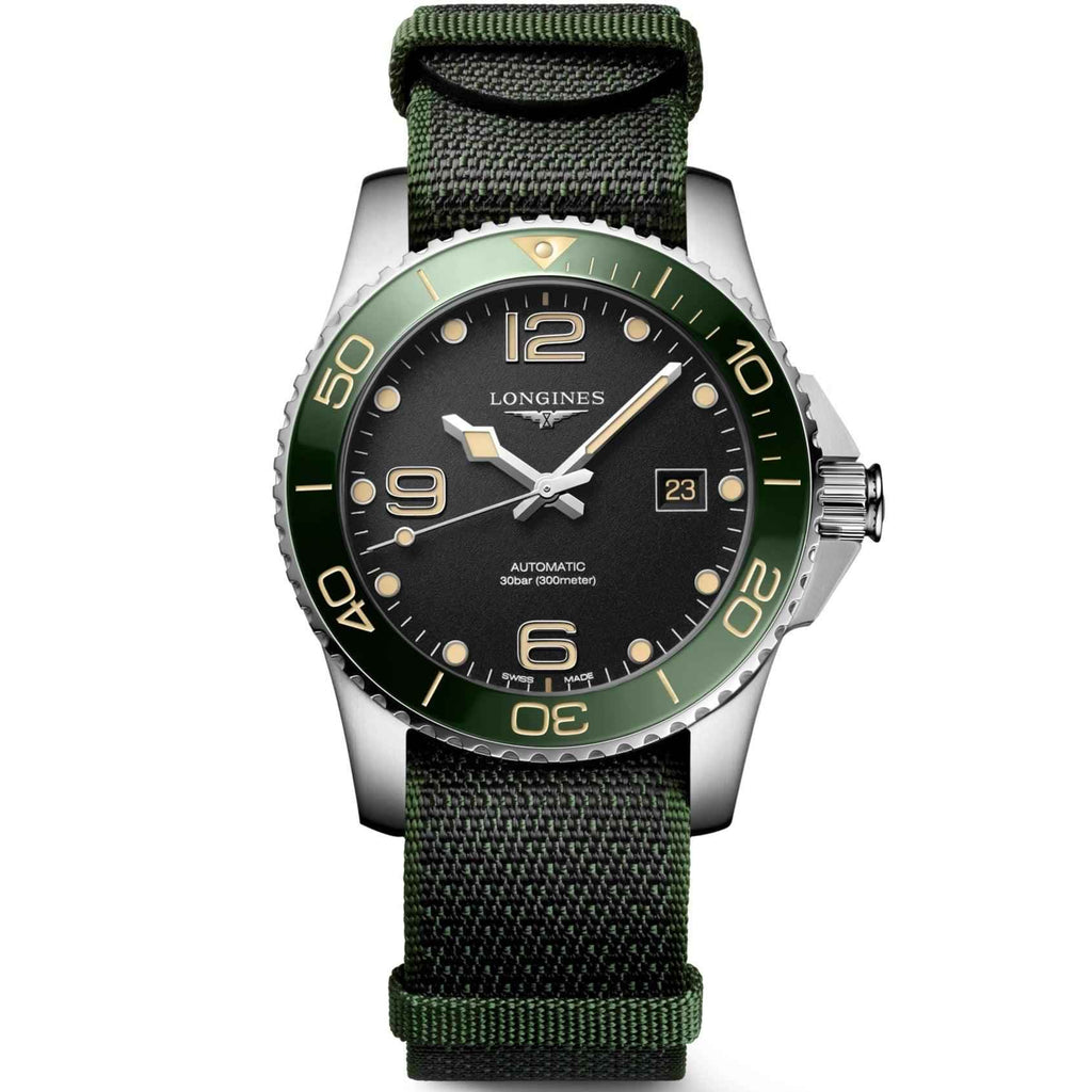 Orologio subacqueo Longines HydroConquest nero, ghiera verde, cinturino tessuto verde