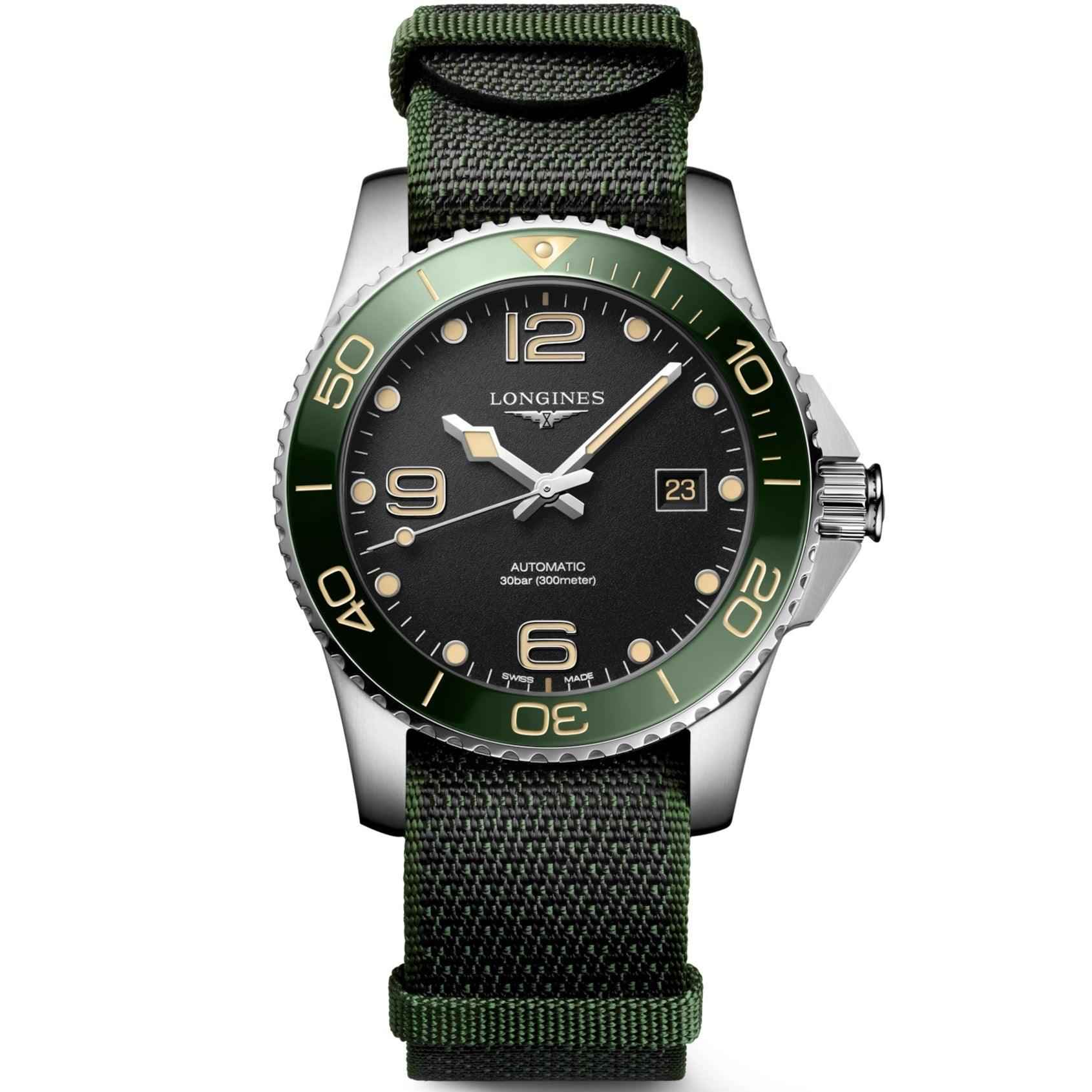 Orologio subacqueo Longines HydroConquest nero, ghiera verde, cinturino tessuto verde