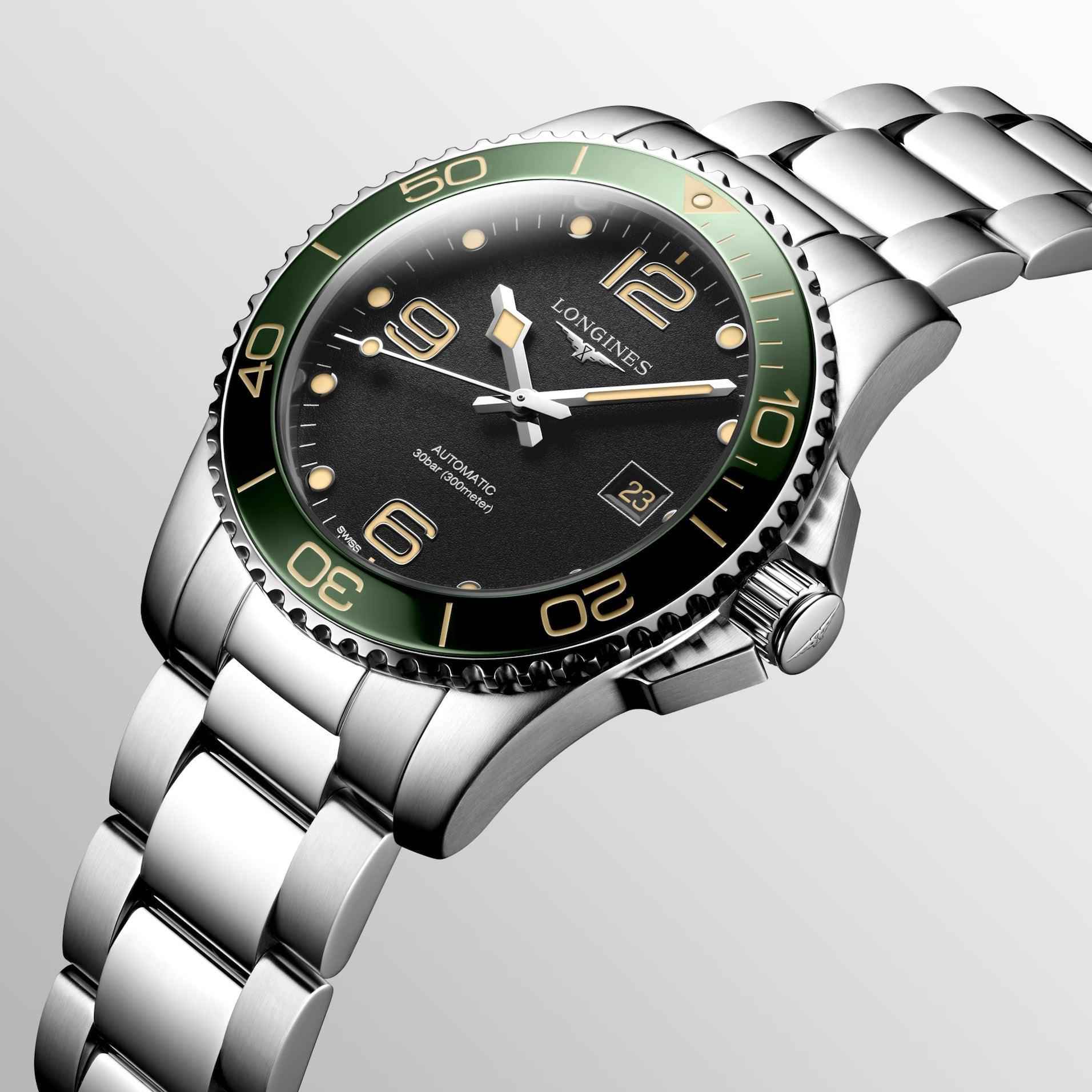Orologio Longines Hydroconquest 41 mm nero automatico, lunetta verde e bracciale acciaio