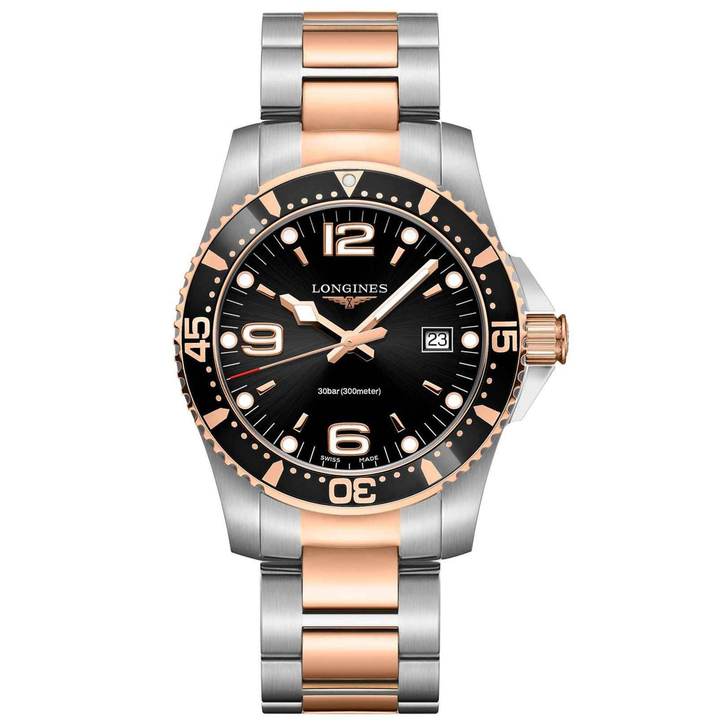 Orologio HydroConquest 41 mm nero, ghiera e bracciale acciaio con finitura PVD oro rosa