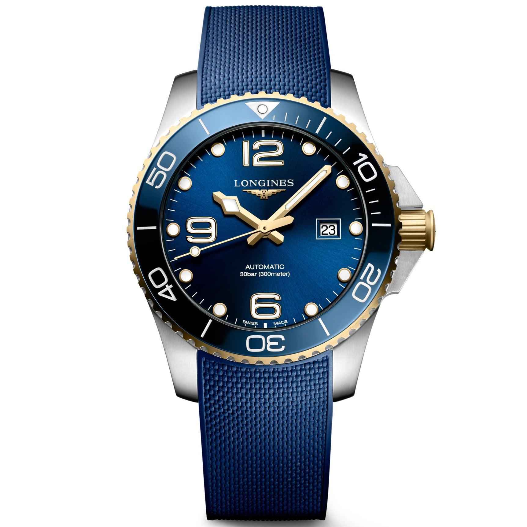 Orologio subacqueo Longines HydroConquest 43mm: quadrante blu, cinturino blu, oro, datario